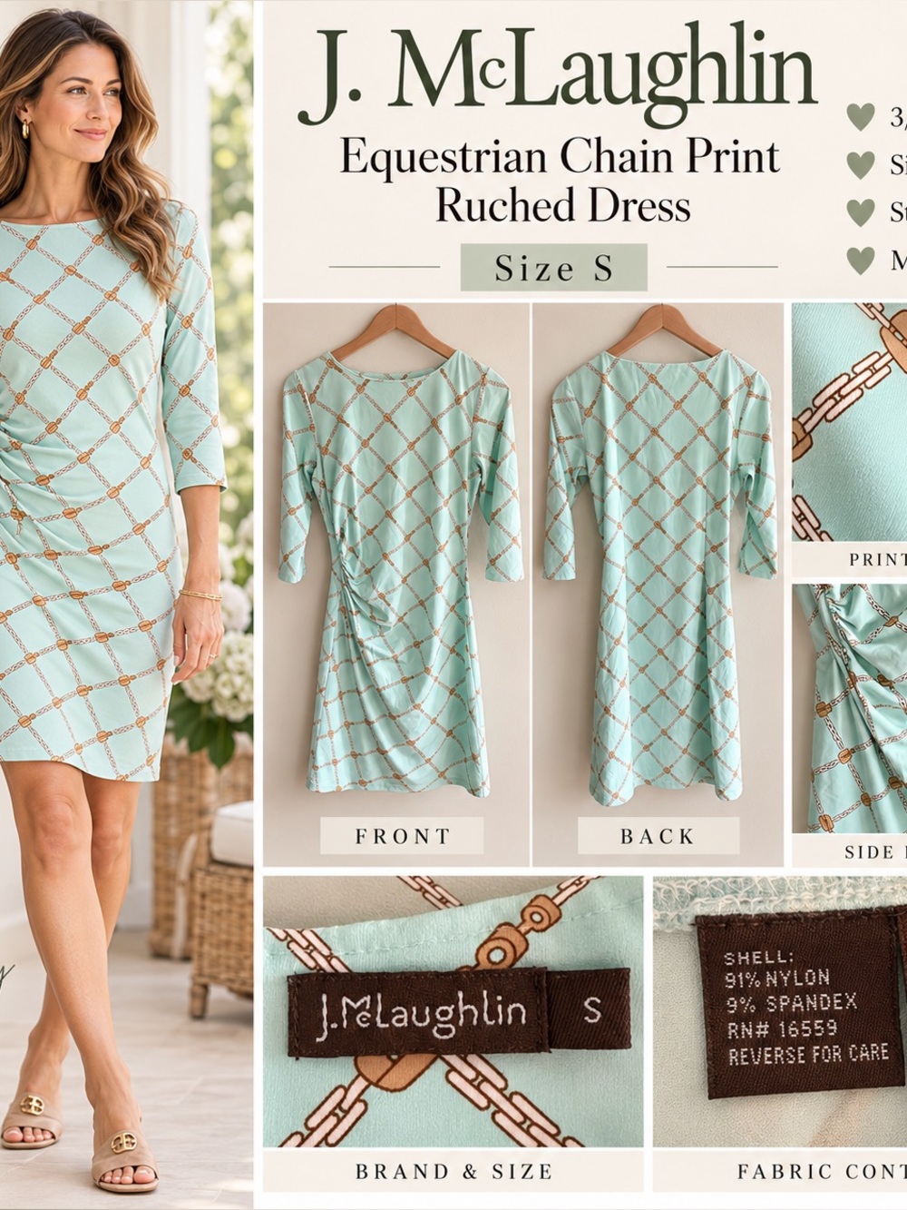 J. McLaughlin Aqua Equestrian Chain Print Ruched Dress Size S